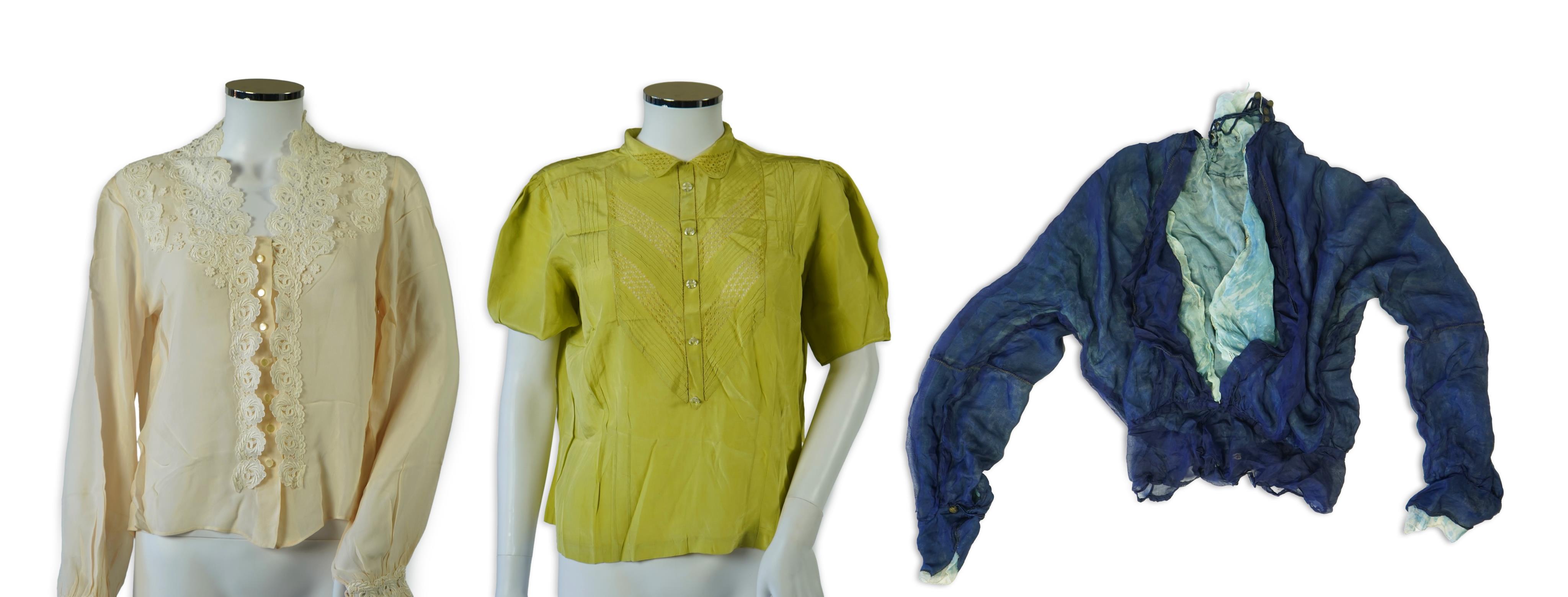 A 1940’s-50’s short sleeve lime green silk embroidered blouse, a pale pink silk crepe long sleeved blouse with white lace and a late 19th century navy silk chiffon blouse. Condition - the navy blouse is fragile but may b
